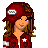 Pixel art contact sheet showing a female character in red attire with white accents and text reading 'beautiful brunette' on a dark red background.