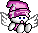 Pixelated angel icon with pink hat and wings, blue eyes, white body, and pink scarf in six sequential poses showing head tilt variations.