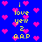Blue background with pink heart shapes and yellow text reading 'i love yew 2 A.A.P' arranged in a repeating pattern.