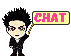 Pixelated character with spiky black hair holds a yellow sign reading CHAT in pink letters on left, then blue letters on right against gray background.
