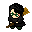 Pixel art character with black hair and green glasses holding a broom, shown in six sequential poses against gray background.