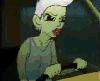 Animated sequence of a green-skinned character with white hair and red eyes interacting with an orange rectangular object in front of a dark background.