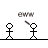 Pixelated stick figure animation showing four figures on a horizontal line with text overlays and arm movements.