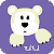 Pixelated cartoon bear with white face, light beige ears and limbs, black eyes and nose, standing against solid purple background.