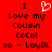 Red background with black pixelated text reading "I Love my Cousin Coco! xo - LayDL" and a white heart symbol replacing the 'o' in 'Love'.