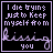 A 3x2 contact sheet of five animated frames showing a pixelated text-based icon with changing lettering on a black background, each frame bordered in purple and containing the phrase "I die trying just to keep myself from kissing you" with varying visual effects on the word "kissing".