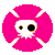 Animated contact sheet of seven pink skull icons with white crossbones on gray background, each frame showing different eye expressions and one empty skull face.