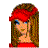 Pixelated cartoon-style icon showing a woman with long brown hair, red headband, and red top; partial torso of person in red shirt with silver star and dark pants; text elements including "like what", "you see?", "too bad!", "im" followed by six blue hearts, and curved "TAKEN" words.