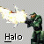 Static pixelated icon showing a green-armored figure firing a weapon with bright white-yellow muzzle flash, below which is the word "Halo" in bold black text on transparent background.