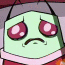 Green-skinned cartoon character with large red eyes and a downturned mouth, wearing pink collar and gray headpiece.