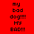 Red background with black pixelated text 'my bad dog!!!! MY BAD!!!' arranged in a , where white rectangular bars shift position across frames
