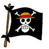 Two side-by-side black pirate flags with a white skull wearing a straw hat and red band, crossed bones behind it, mounted on brown poles with black ribbons.