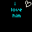 Pixelated cyan text 'i love him' on black background with a white heart symbol above the left side of the text.