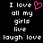 Pixelated text on black background with pink heart symbol replacing 'love' in left section, static display of repeated phrases.