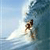 Pixelated static image of a person surfing on a wave with blue sky background, rendered in low-resolution 50x50 pixels.