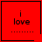 Red square icon with black text "i love" and dotted line, featuring a heart symbol in top-right corner of one frame and a starburst symbol in bottom-right corner of another.