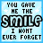 Six animated frames of a pixel art buddy icon showing the phrase "YOU GAVE ME THE SMILE I WONT EVER FORGET" with varying star and text colors on a light blue background.