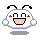 Pixelated white character with black antennae, pink mouth, and red cheeks in three expressions: smiling with hands up, blushing with closed eyes, and neutral with arms down.