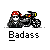 A 4x4 contact sheet of pixel art frames showing a cartoon character with red bandana and sunglasses riding a motorcycle, some frames featuring the character's face without the bike.