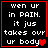 Four identical black square with red borders display white pixelated text reading 'wen ur in PAIN. it jus takes ovr ur body' and a single red heart symbol