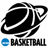 Black and white pixelated basketball with white lines, blue circular icon below text reading BASEBALL.