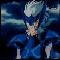 Animated sequence of a character in blue armor with white hair against a cloudy sky background, showing eye color changes from purple to orange.
