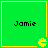 Four green square with yellow borders display "Jamie" text and a yellow Pac-Man icon at the bottom-right corner of each