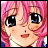 Pixelated anime-style character with pink hair and large black eyes, next to stylized text on a black background.