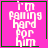 A four- of pixelated text on a bright pink background with green borders, each displaying "I'm Falling Hard For Him" in white block letters