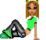 Pixel art avatar of a girl with brown hair in pigtails, green top, gray pants, and green shoes, shown in two poses with a green heart symbol appearing above her head.