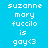 Pixelated text displays 'suzanne mary fuccilo is gay<3' on a cyan background with blue highlight changes across three