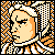 Pixelated static icon of a historical figure with light skin, black hair, and orange accents in the background pattern.