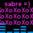 Pixel art displays pink 'sabre =]' text and blue horizontal bars on black background with repeating Xo patterns.