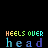 Animated sequence showing 'HEELS OVER HEAD' text with changing pixelated heart shapes above it, transitioning from scattered dots to solid hearts and back to dots across frames.