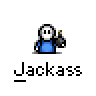 Animated contact sheet of a pixel art character performing various actions with red particle effects, labeled "Jackass" under each frame on gray background.