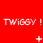 Red background with repeated white text "TWIGGY !" across three , each containing a distinct symbol below the text