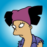 Pixelated cartoon character with tan skin, purple headband, black pigtails, and purple ruffled shirt against blue gradient background.