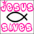 Pixelated pink text 'JESUS' above a black fish symbol, with matching pink text 'BLOG' below on white background.
