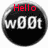 Three circular black icons with white 'w00t' text and red top text, one showing 'Hello', one 'Rodzy', and one '<3' in red.