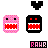 Pixel art composition of four distinct elements: a black heart shape, a pink checkered monster face, a black monster face with red eyes, and a pink 'RAWR' text block.