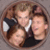 Circular cropped image of four people in close group pose with blurred faces, next to pixelated text reading 'devoted' and partial word on white background.