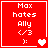 Red square icon with white text "Max hates Ally </3" and a heart symbol, showing animation variations of the heart's appearance.