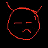 Red outline devil face with horns and closed eyes, transitioning through expressions including sweat drops, blood splatters, fangs, and open mouth.