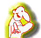 Pixelated cartoon figure with yellow-green hair, red outline, and white body holding a yellow diamond-shaped object, transitioning from seated to standing pose.