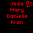 Red pixelated text listing names 'Jess', 'Mary', 'Danielle', and 'Fran' on black background with a red heart symbol next to 'Jess'