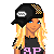 Pixel art contact sheet showing three animated frames of a female character with blonde hair, black cap, and pink-accented outfit holding a handbag, alongside text reading "SIMPLE PLAN BABY" on a dark brown background with pink stars.