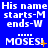 Blue background with white text reading 'His name starts-M ends-W' above repeated 'MOSES!' in large letters, some instances featuring small orange star-like symbols.
