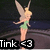 Pixelated image of a female figure with blonde hair, large wings, and a green dress standing on a dark background with text "Tink <3" at the bottom.