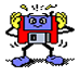 Animated contact sheet of a pixelated robot character with red arms, blue body, yellow hands, and purple shoes performing various poses against gray background.
