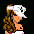 Pixel art contact sheet showing multiple frames of a cartoon character with long brown hair wearing a white cap and pink outfit, alongside repeated "miss playa" text in pink pixelated font with star accents on black background.